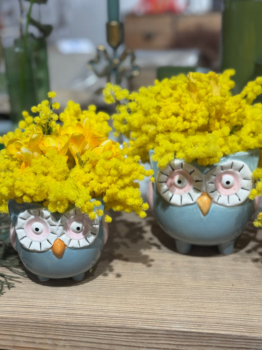 Gufetti in ceramica con mimosa e fiori