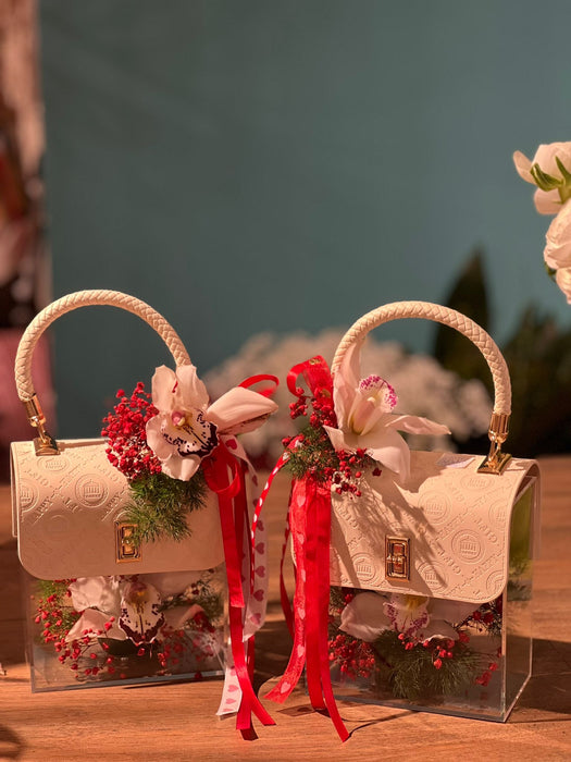 Rectangular handbag with mimosa and various flowers
