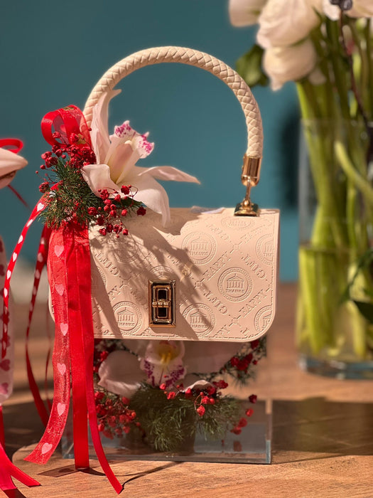 Rectangular handbag with mimosa and various flowers