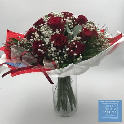 Bouquet Mazzo con 18 Rose Rosse Gypsophila