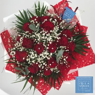 Bouquet Mazzo con 18 Rose Rosse Gypsophila