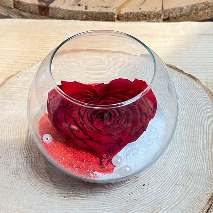 Stabilized rose: Heart-shaped red rose in glass and sand ampoule